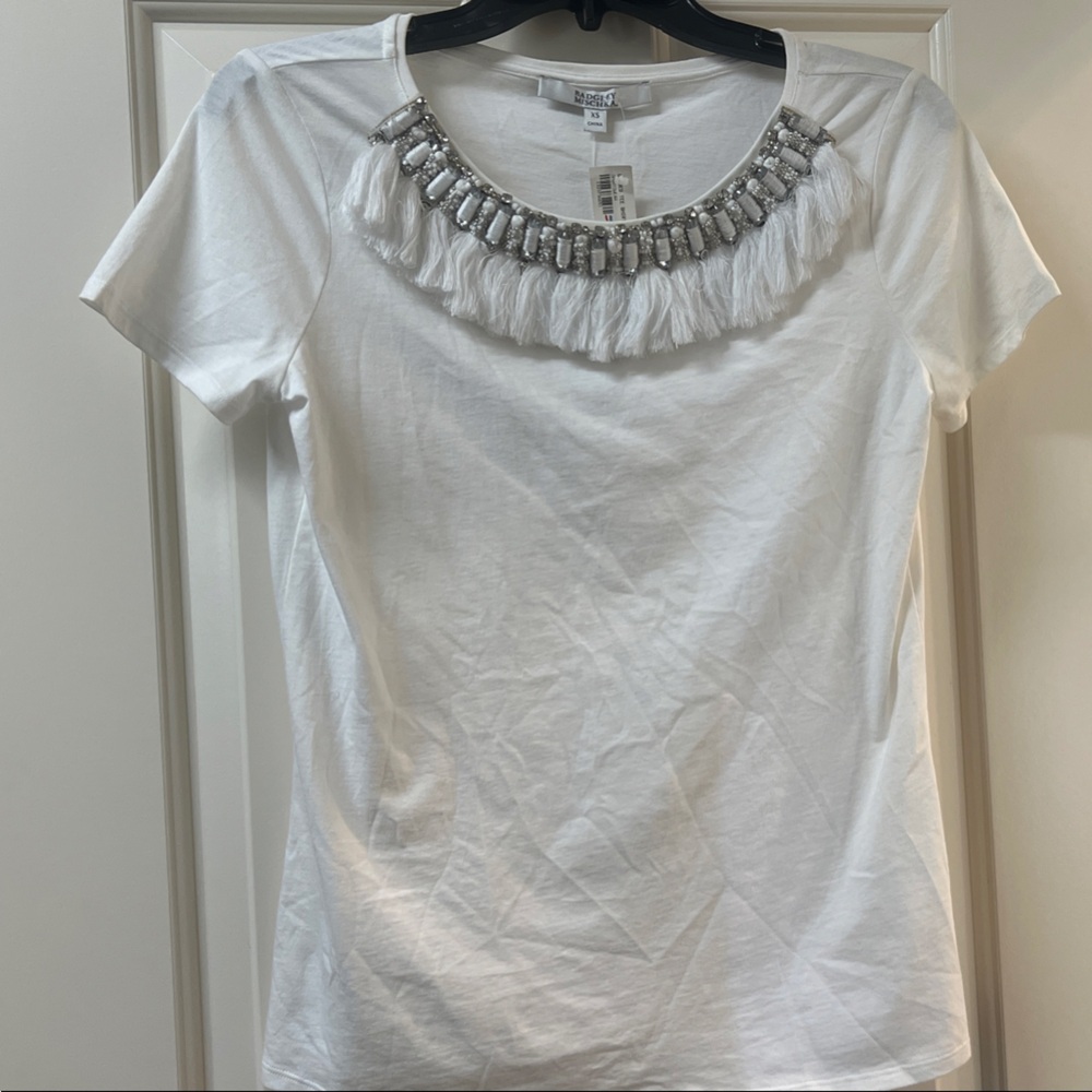 Badgley Mischka Embellished Fringe Neck T-Shirt NWT XS